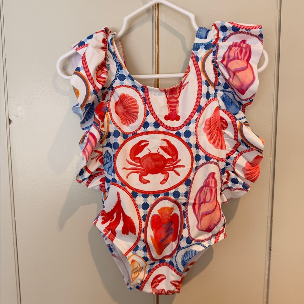 Janie and Jack White One-Piece Swimsuit with Red and Blue Seashell Print
